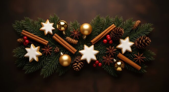 Christmas border arrangement with star cookies cinnamon and pine branches