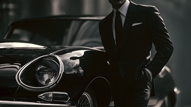 Dark-suited man poses next to vintage automobile