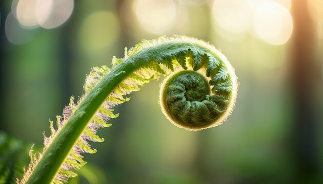 Unfurling Fern Fiddlehead In A Forest Setting Elegant Spiral Shape Covered With Soft Tiny Hairs Warm Morning Light Creamy Green Bokeh Razor