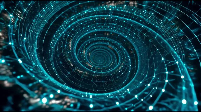 Abstract Blue Digital Data Vortex and Particle Spiral. 4K Video