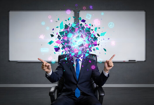 Businessman with exploding head full of colorful digital ideas in office
