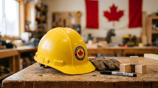 Canada day construction safety gear yellow hard hat with canadian flag emblem on workbench with wood blocks and sharpie marker