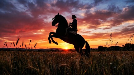 Obraz premium Silhouette of a woman riding a rearing horse in a meadow during a dramatic sunset. Concept of equestrian sport, lifestyle, nature and commercial marketing use. Generative AI.