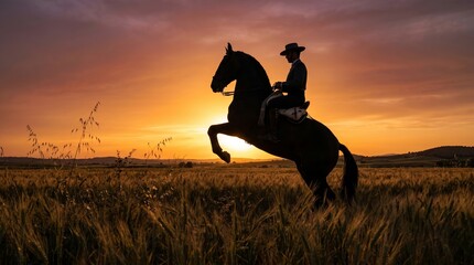 Obraz premium Silhouette of a man riding a rearing horse in a meadow during a dramatic sunset. Concept of equestrian sport, lifestyle, nature and commercial marketing use. Generative AI.