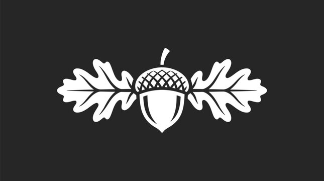 A clean white vector illustration of an acorn with two symmetrical oak leaves for design