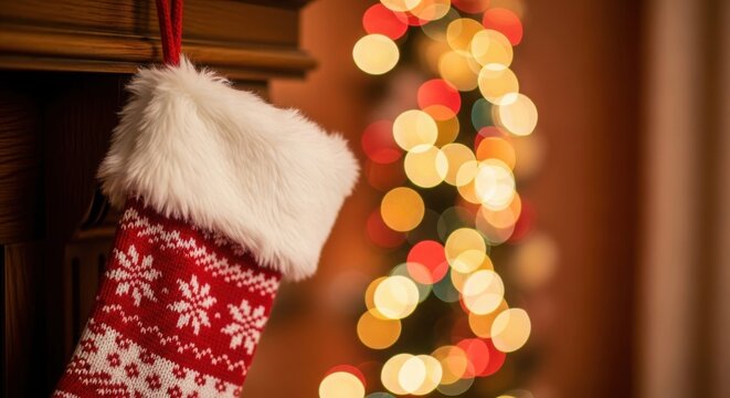 Red and white christmas stocking hanging on fireplace mantle with bokeh lights