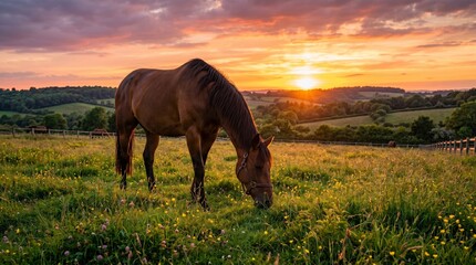 Obraz premium A brown horse grazes in a lush meadow under a vibrant sunset sky. Concept of Nature, tranquility, rural life, suitable for agricultural, pastoral themes and relaxation concepts. Generative AI.