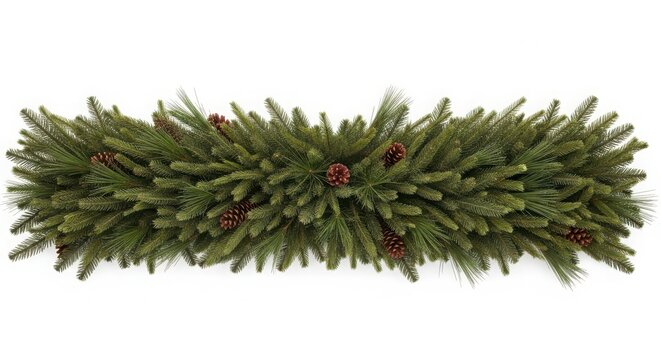 Artificial green evergreen garland with pinecones isolated on white background