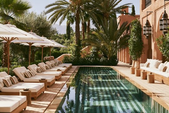 Luxury Moroccan desert resort pool with comfortable striped lounge cushions, burning candles and palm trees. Cozy tropical courtyard pool at a luxury villa, cacti and comfortable white sofas.