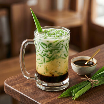 Traditional Indonesian Dessert Es Cendol Dawet in Glass Mug, Iced Sweet Beverage with Layers of Pandan Jelly, Coconut Milk and Palm Sugar, Bundled Pandan Leaves on Wooden Table, Food Photography