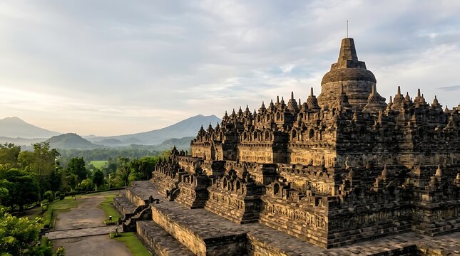 Ancient stone temple complex with mountain landscape at sunrise