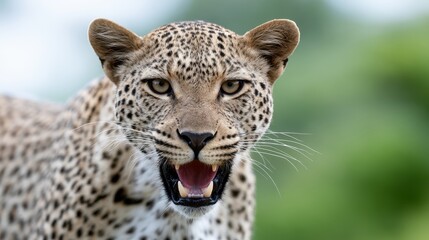 Fototapeta premium Leopard resting among foliage and watching its surroundings, African wildlife, nature conservation, safari experience, stealth predator.