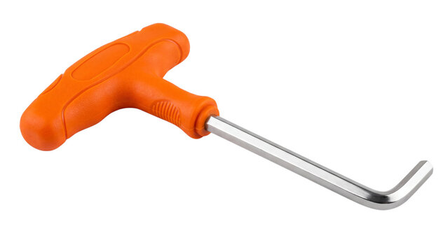 Orange T handle hex key isolated PNG on transparent background, bicycle repair tool with bent metal shaft