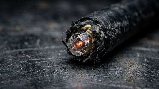 Close-up macro shot of a damaged black electrical cable with exposed copper wire and glowing orange light source