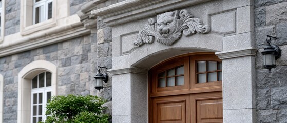 Naklejka premium Elegant building entrance with classical columns and refined architectural details, premium real estate, urban sophistication, timeless design.