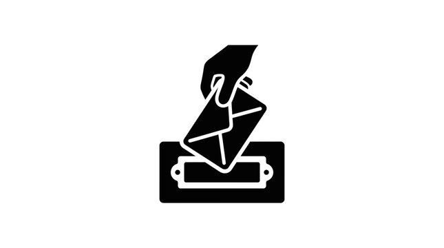 A black silhouette icon showing a hand inserting a letter into a mailbox slot.
