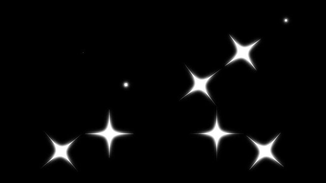 Shiny star glow animation with white sparkling particles, magical light flares and soft blinking doodle stars creating a festive visual effect on black screen background. 4k