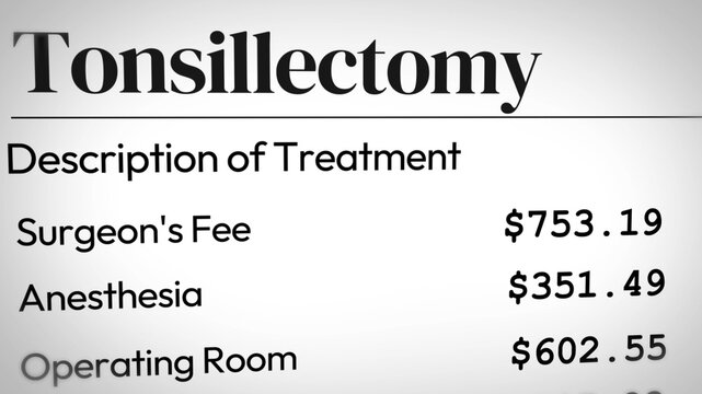 Cost breakdown of tonsillectomy surgery including surgeon, anesthesia, and operating room fees