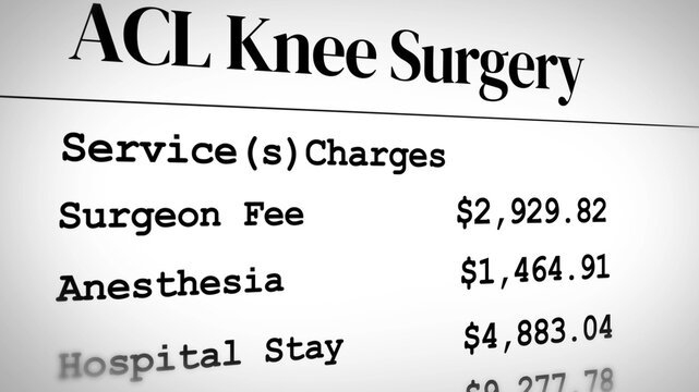 Detailed cost breakdown of ACL knee surgery including surgeon, anesthesia, and hospital stay fees, backdrop