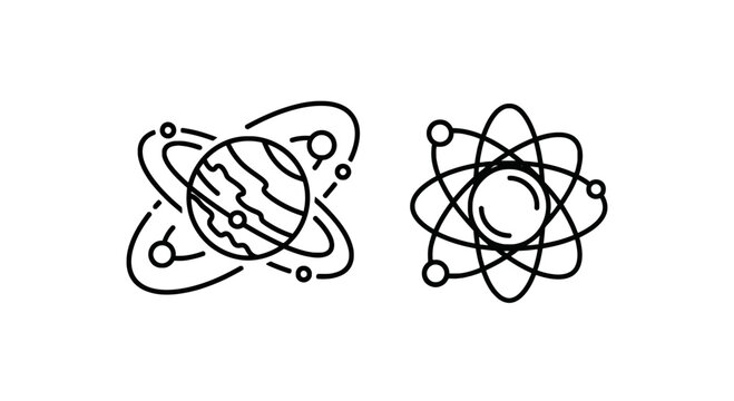 Planetary system and atomic structure science icon set with universe astronomy structure chemistry research education laboratory scientific