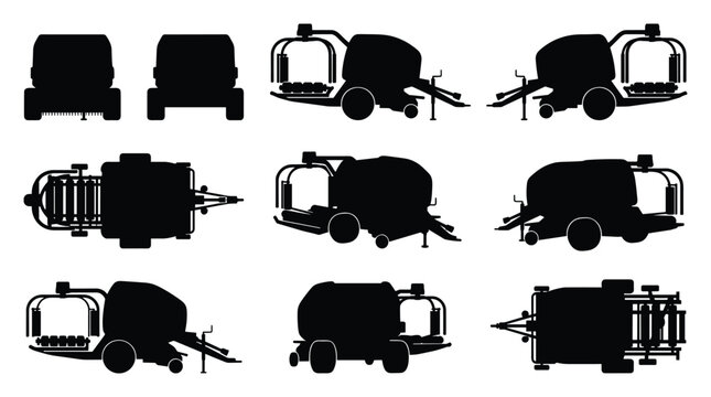 Agricultural Round Baler and Hay Bale Machine Silhouette Set &mdash; Farm Equipment Vector Icons in Multiple Views
