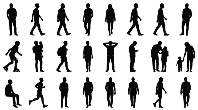 Numerous detailed black silhouettes of various people walking standing and performing different daily life activities