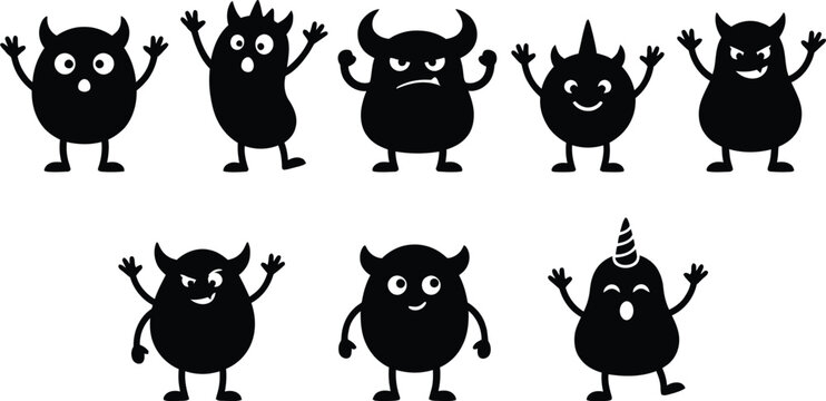 Black silhouette cartoon devil characters set vector illustration