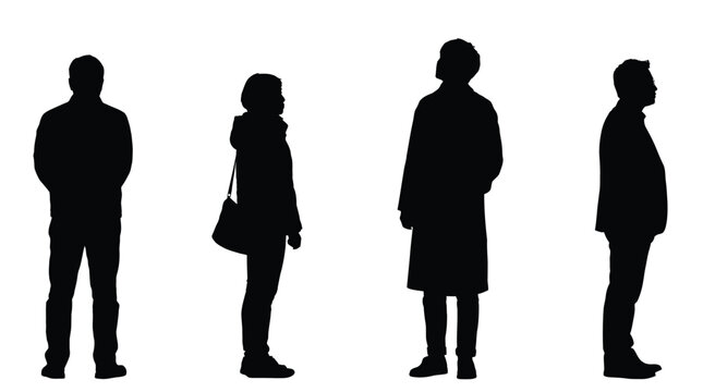 Four diverse people stand in a row creating a dark solid silhouette against white space
