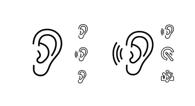 Ear anatomy and hearing sensitivity icons set depicting human ears with sound wave symbols for auditory health and audio technology concept, auditory