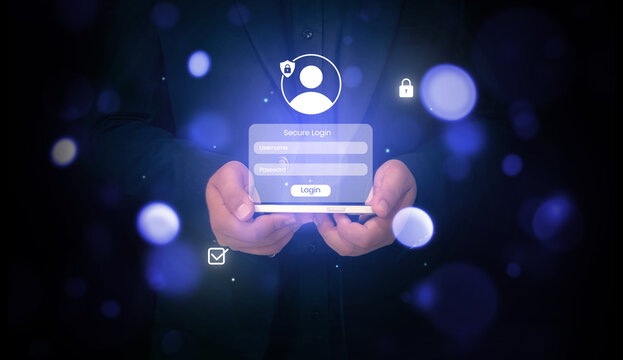 Person holding smartphone with holographic secure login interface and digital security concept backdrop