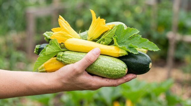 Freshly harvested zucchini and squash with blossoms in hand