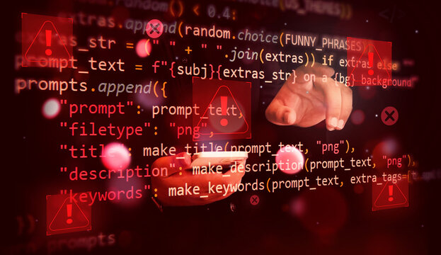 Person using smartphone with overlaid programming code and digital warning symbols in red tone