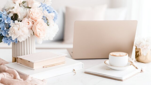 A clean desk displays a laptop, warm cappuccino, colorful flowers, a book, and a notebook