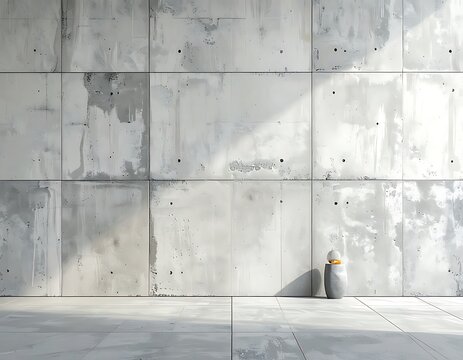 A minimalist concrete wall with two small bottles on floor