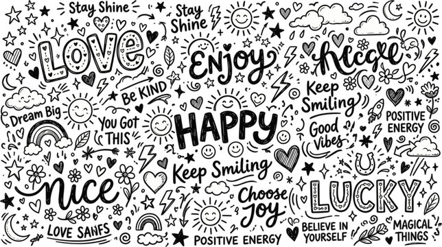 Hand Drawn Positive Affirmation Doodle Background with Motivational Phrases, Stars, Hearts, and Suns for Creative Posters, Wall Art, and Journaling Backgrounds