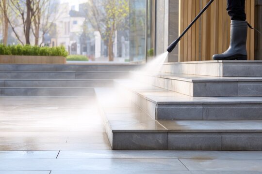 Worker pressure washes Hilton sandstone steps in bright daylight