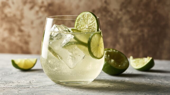 A bubbly pale yellow lime soda with clear ice cubes and vibrant slices rests on a modern tabletop
