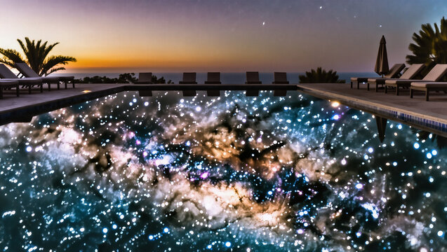  Swimming Pool Galaxy at the Bottom Summer Surreal Surrealist Conceptual Art, Creative Digital Photography
