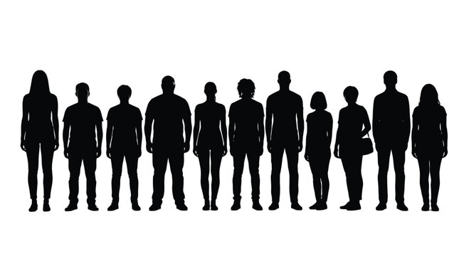 Eleven diverse people standing in a straight line creating a stark high contrast black silhouette