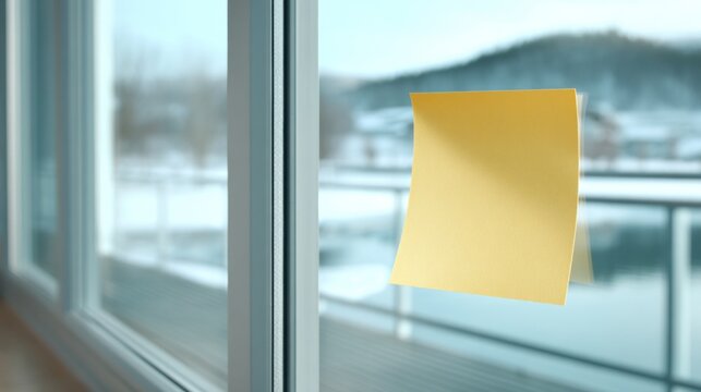 Blank yellow post-it note adheres to an office window, showing a blurry winter landscape outside
