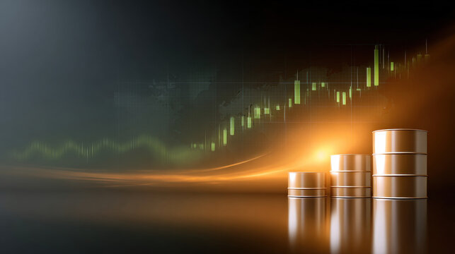 Green chart: urgent oil surge. Barrels reflect light, dynamic energy lines