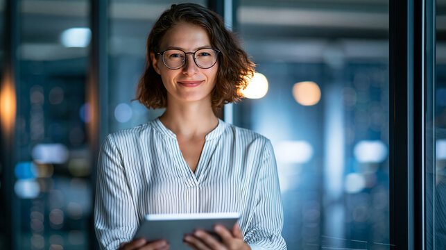 Portrait of faceless female systems administrator in a glass office using a tablet to adjust AI training cloud server configurations, looking toward camera confidently, defocused