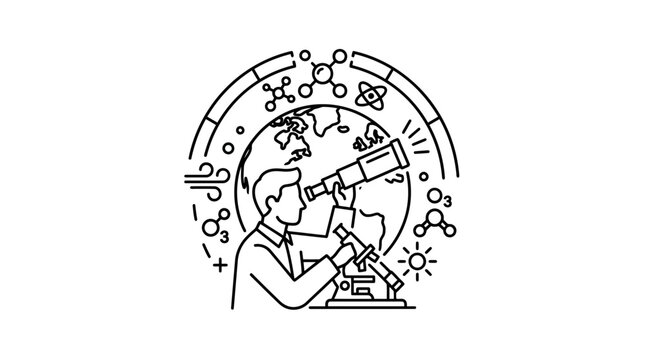 A line art illustration of a scientist using a telescope and microscope in front of a globe.