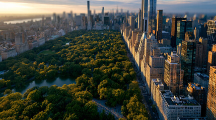 Fototapeta premium Aerial panorama of a city's central park area from above, helicopter view showing trees, nature, city lakes and people, surrounded by midtown skyscrapers in warm evening sunlight,