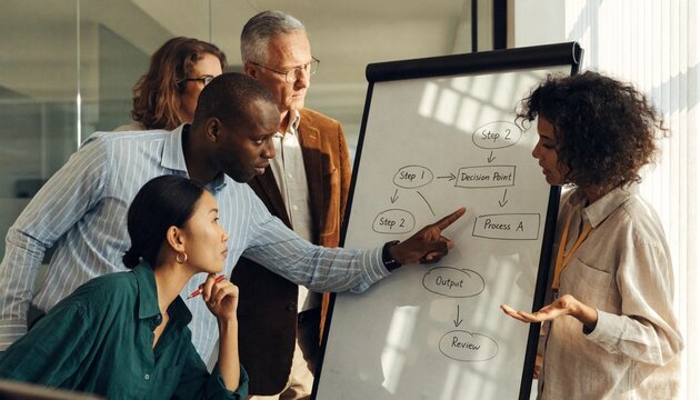 A multiracial business team of five people actively discusses a hand-drawn flowchart on a flip chart whiteboard, with one man pointing to a decision point step during a strategic planning workshop, id