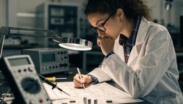 A focused female electronics engineer in a white lab coat and glasses examines circuit diagrams under a magnifying lamp while taking notes next to a digital multimeter in a professional laboratory.