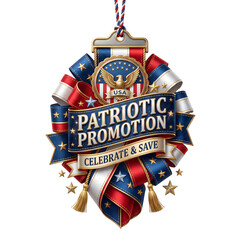 Fototapeta premium Patriotic promotion hanging ribbon badge with USA emblem