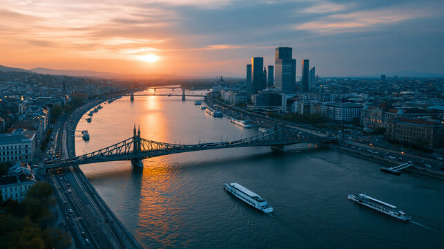 Iconic city landscape over a wide river with skyscrapers, a famous historic bridge, cars and ferry boats, cinematic evening urban skyline with sunset and lightly clouded sky,