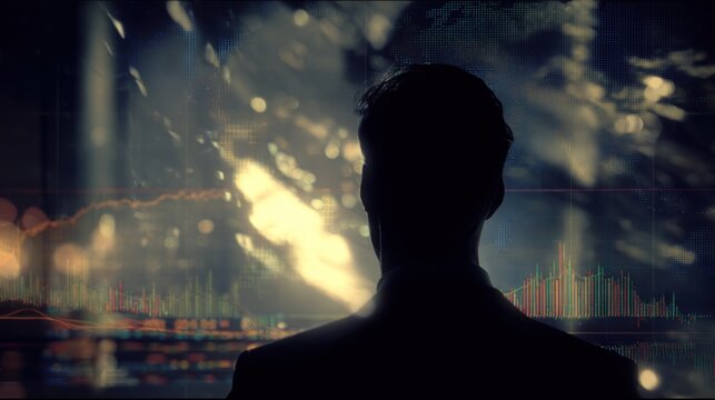 Man in suit views global financial data on a screen in an executive office setting