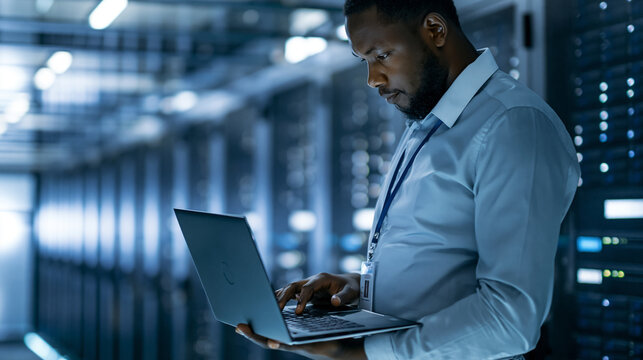 Faceless African male network administrator standing in a high-tech data center, optimizing server configurations on a laptop to improve performance for a major corporate client,